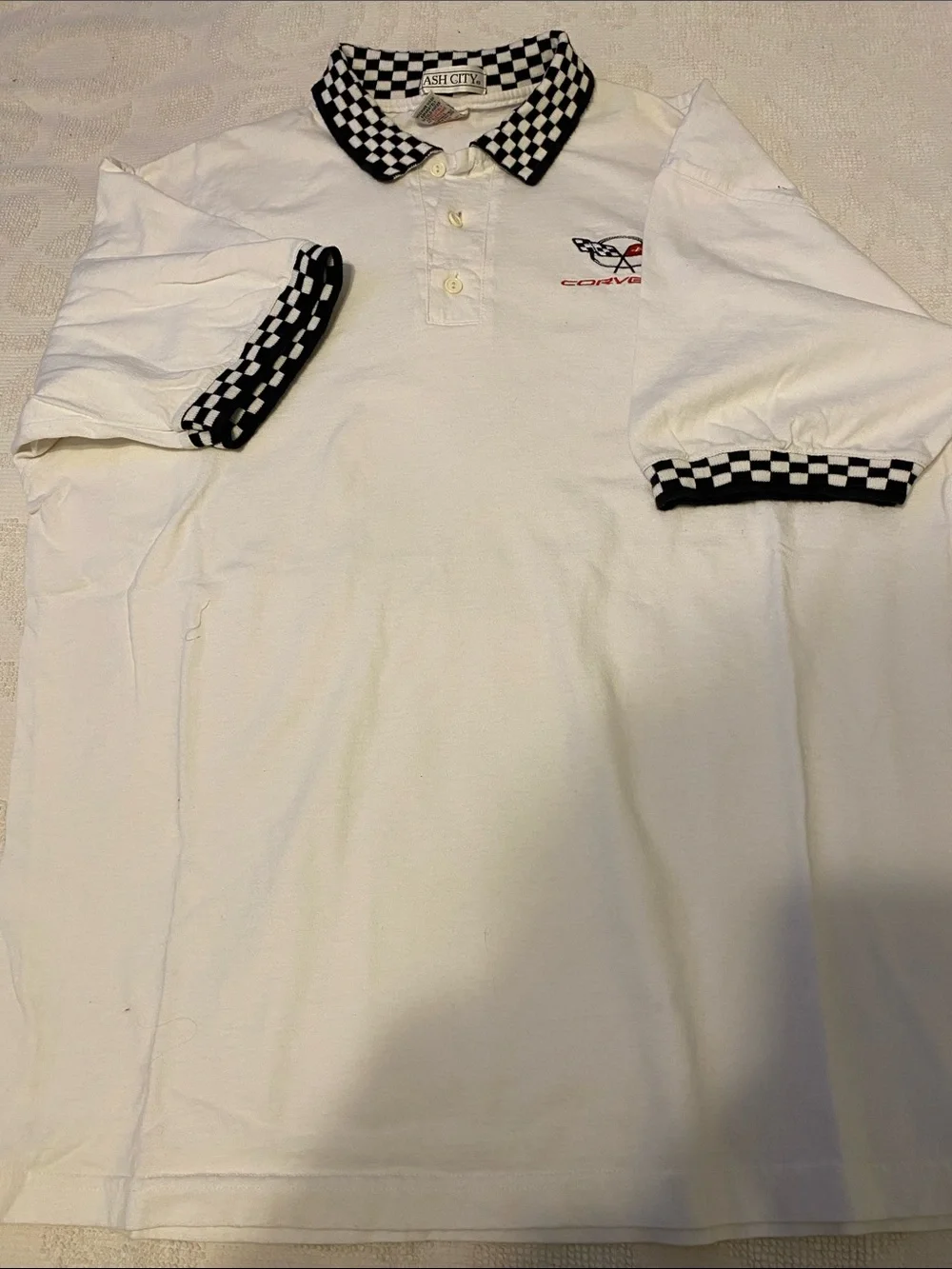 Corvette White Polo with Checkerboard Trim
